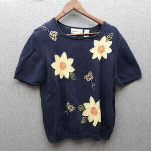 Alfred Dunner Womens Navy Floral Embroidered Short Sleeve Sweater L Cotton/Ramie